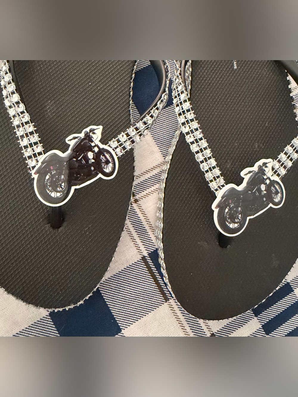 Rhinestone Black Motorcycle Flip Flops